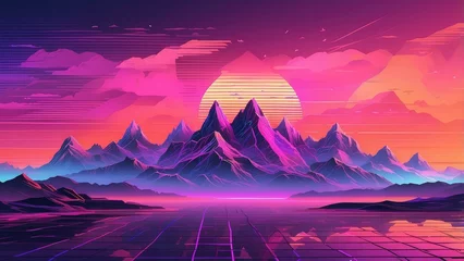  A vibrant, neon-themed digital landscape featuring stylized mountains created with grid patterns. © Maruf