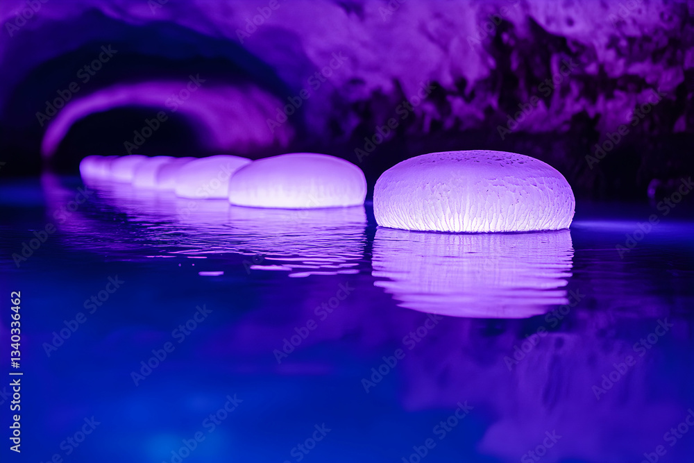 Poster enigmatic purple glowing orbs float on still water inside a mysterious cave, creating a surreal and 