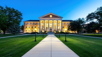 A grand neoclassical courthouse building illuminated at dusk surrounded by lush greenery and a paved walkway leading to the ornate entrance portico