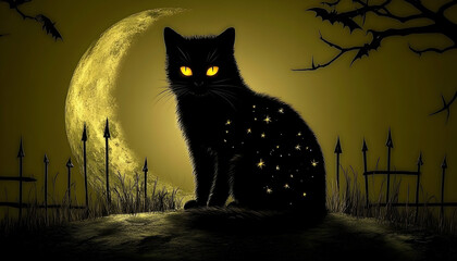Mysterious black cat silhouetted against a crescent moon, stars embedded in its fur, sits before a fence under a dark, spooky sky.  Perfect for Halloween, occult, or fantasy themes.