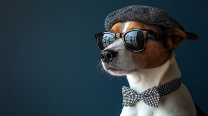 A stylish dog wearing a cap and sunglasses, exuding confidence and charm against a blue background.