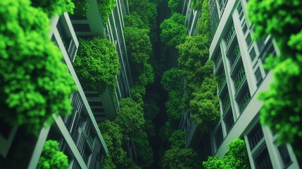 A stunning view of vertical gardens between modern high-rise buildings, showcasing the harmony of nature and urban living.