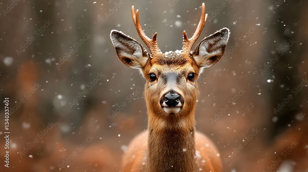 Poster a siberian roe deer cautiously stepping through a snowy forest its large dark eyes alert to any move