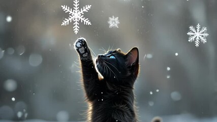  Black kitten playing with a snowflake with a festive and wintry theme