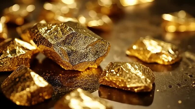 Close-up view of shiny gold nuggets scattered on a reflective surface, showcasing their texture and luster