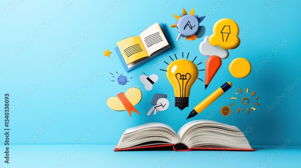 Poster minimalist and stylized infographic representing the concept of learning knowledge and creativity th