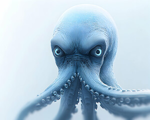 Intense close-up of a digital rendering of a menacing, icy-blue octopus with piercing blue eyes, conveying a sense of mystery and otherworldly power.
