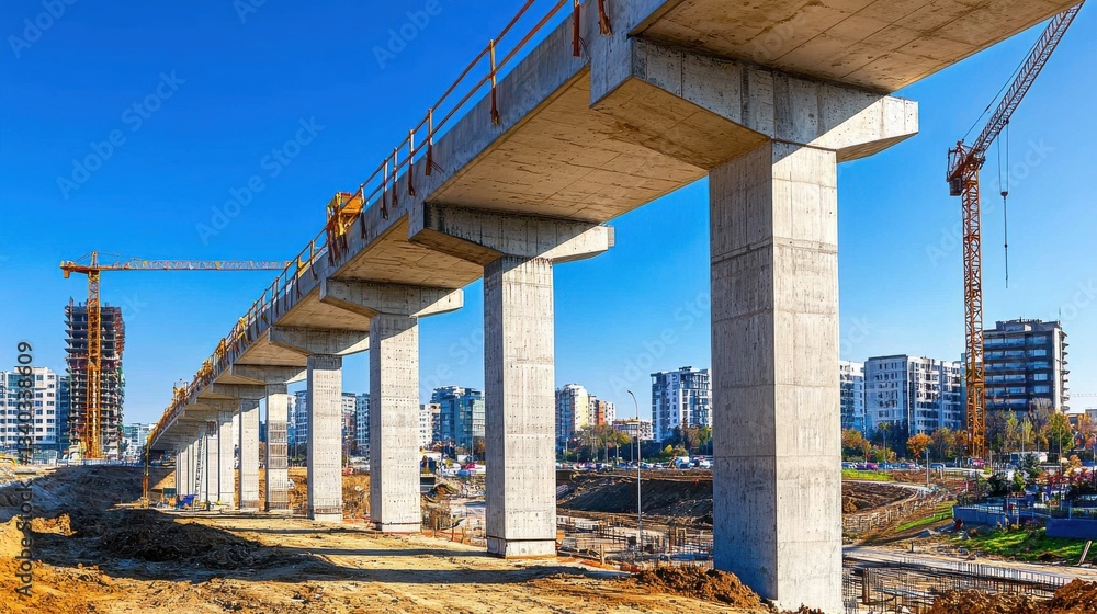 Poster a large scale construction site featuring a modern overpass bridge being built against a backdrop of