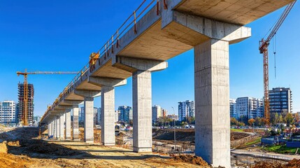 A large scale construction site featuring a modern overpass bridge being built against a backdrop of a growing urban skyline