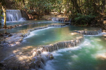 Kuang Si Falls, Luang Prabang, Laos. Turquoise waterfalls, natural landscape, dry season