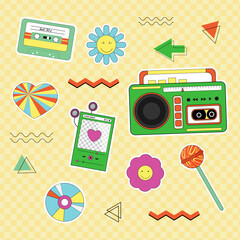 Retro sticker set. Stereo tape recorder, player with headphones. CD and cassette, smileys and lollipop. Classic retro elements of the 80s and 90s. Colorful geometric background. Vector illustration