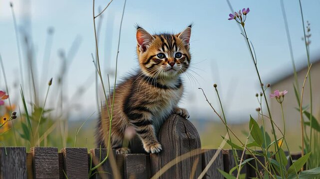  Tabby kitten sitting on a wooden fence with a backdrop of greenery and flowers