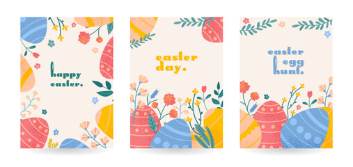Fototapeta premium Happy Easter poster set. Holiday greeting background with eggs, flowers and leaves. Spring cute vector illustration in pink, yellow, blue colors