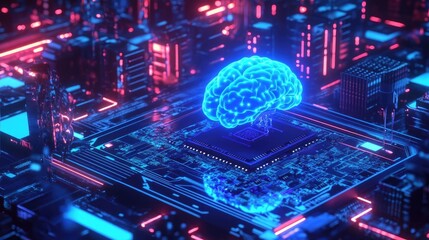 Glowing Blue Brain on a Pink and Purple Circuit Board With Abstract Design Elements for Artificial Intelligence Research and Development in a Futuristic High Tech Concept Visualization. Showing the