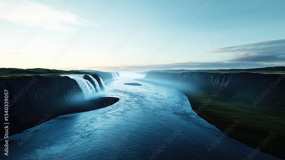 Poster river rapids landscapes harmonious concept. serene waterfall cascading into a tranquil river under a