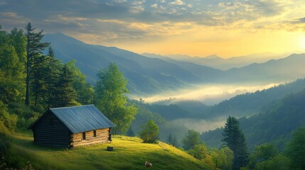 Obraz premium Serene sunrise over misty mountain landscape peaceful countryside nature photography tranquil environment