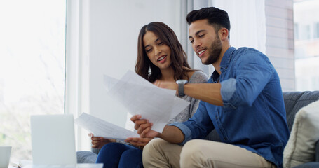 Mortgage, happy or couple with financial paperwork, salary or budget for household bills or...