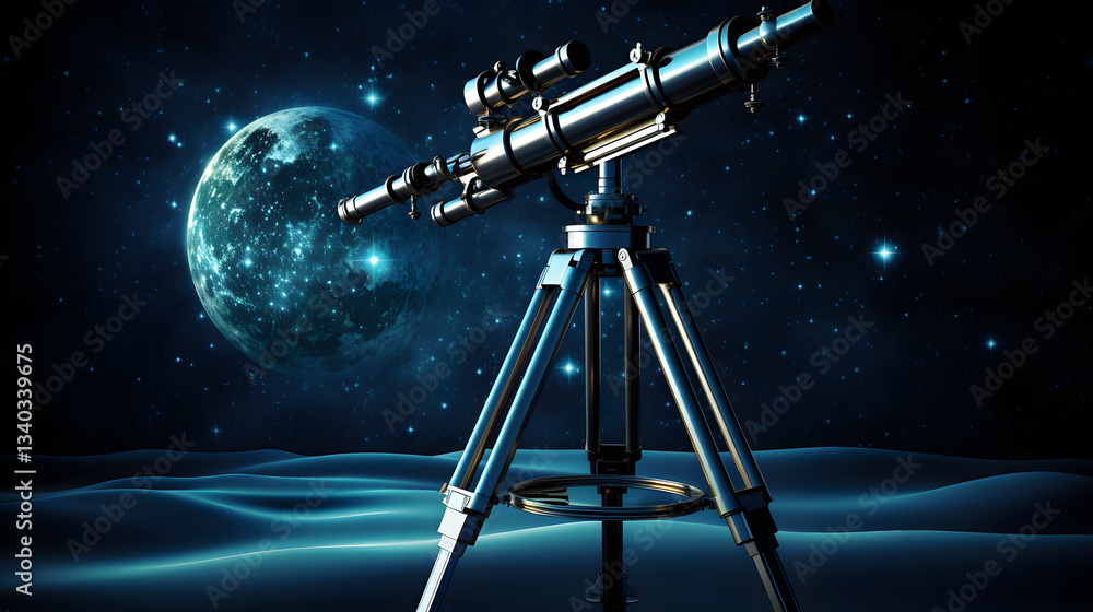 Poster precision telescope mounted on tripod capturing dark cosmic skies and aiming at star formation predi