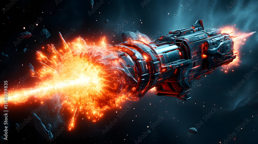 Poster futuristic spaceship soaring through the air with a fiery fireball in the background captured in a s