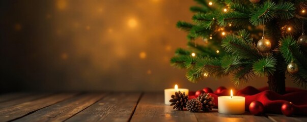 Dark green Christmas tree branches against warm golden background with candles and pinecones on the floor,  decor, Christmas,  cozy