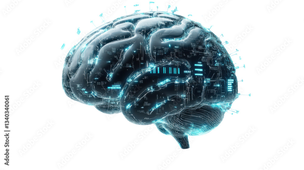Poster artificial intelligence brain processing data with futuristic circuitry on transparent background