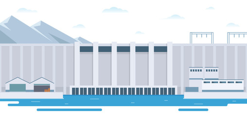 Fototapeta premium Hydroelectric dam with flowing water and environment. Editable Vector Illustration of a Renewable Energy Concept