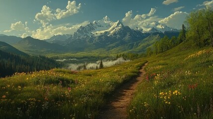 Naklejka premium Breathtaking mountain landscape with wildflowers scenic trail afternoon light natural beauty panoramic view