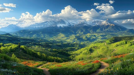 Naklejka premium Breathtaking mountain landscape rocky mountains nature photography lush greenery wide-angle view scenic beauty