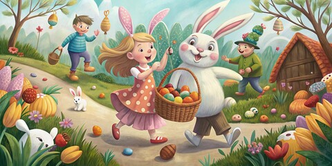 A close-up of a child's hands carefully holding a basket full of colorful Easter eggs.