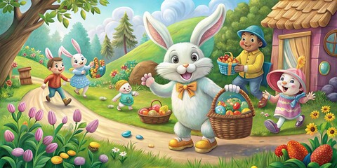 A group of children joyfully chasing after rolling Easter eggs in a grassy backyard.