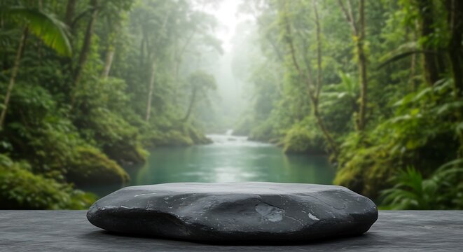 Rock podium, A rock with blurred jungle background with river, best for skin care, perfume and other products display