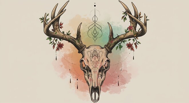 Deer Skull with Antlers and Flowers Illustration with Watercolor Background - Powered by Adobe