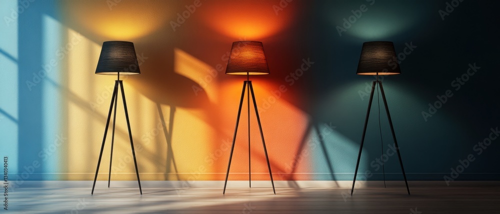 Aufkleber three illuminated tripod lamps casting vibrant shadows on textured wall creating a warm and inviting