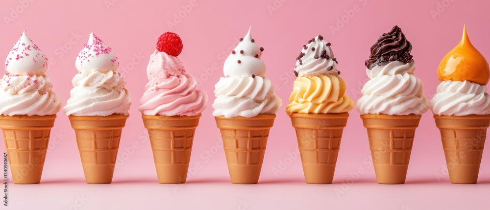 Poster delightful array of assorted ice cream cones on a pink backdrop showcasing vibrant colors and creamy