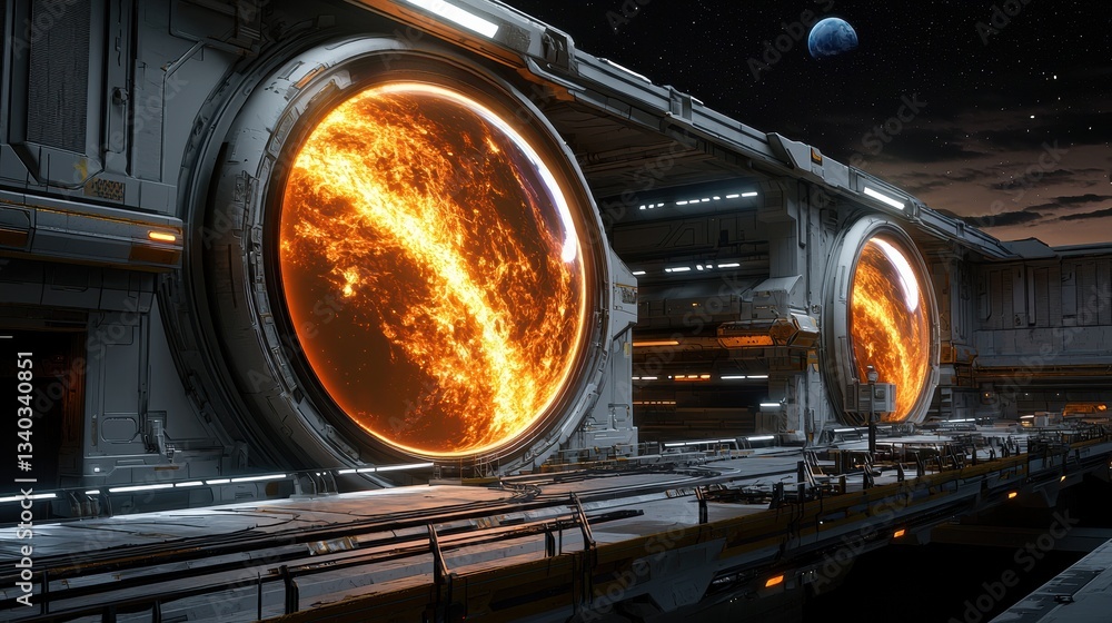 Poster a technologically advanced spacecraft interior featuring a large plasma window allowing a panoramic 