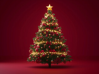 Cute Christmas tree with stars and garlands, greeting card art.
