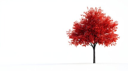 Vivid red tree stands alone against a stark white background