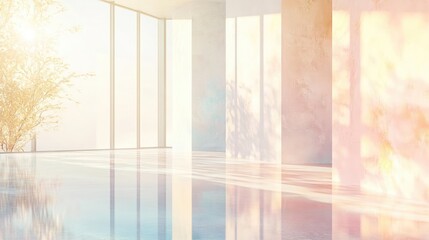 Modern Minimalist Indoor Swimming Pool with Sunlight and Pastel Colors for Relaxation and Wellbeing. A Tranquil Oasis. The Interior Space. The Architecture of a Stylish Interior Design featuring