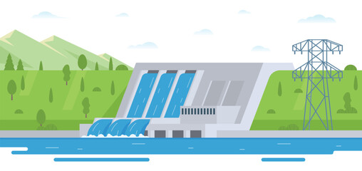 Hydroelectric dam with flowing water and environment. Editable Vector Illustration of a Renewable Energy Concept