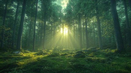 Obraz premium Sunlight streaming through lush forest canopy enchanted woodlands landscape photography serene environment nature's beauty