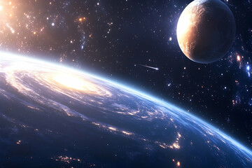 Naklejka premium Stunning cosmic view Earth's illuminated curve, a distant planet, and a shooting star streak across a star-dusted expanse.