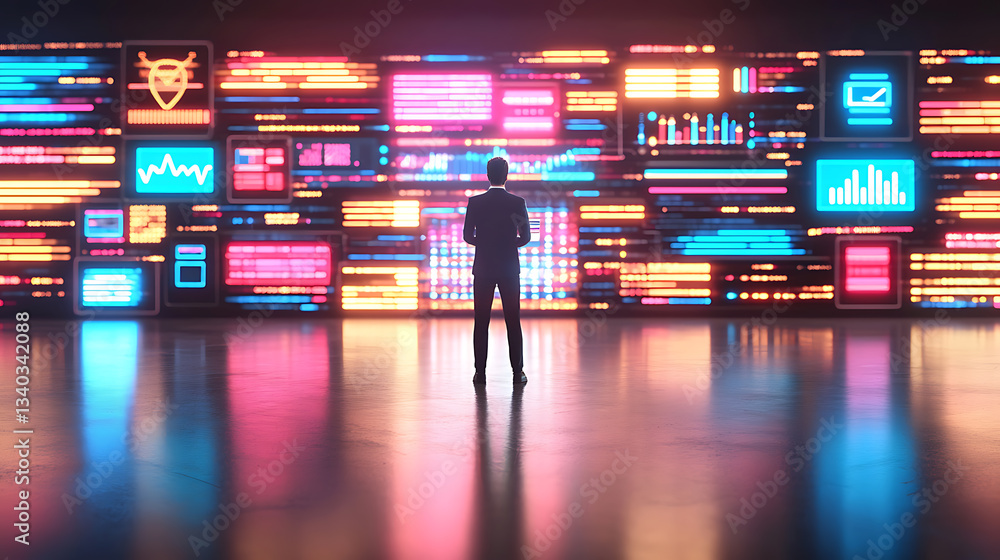 Poster data analysis event digital workspace infographic display modern office front view business intellig