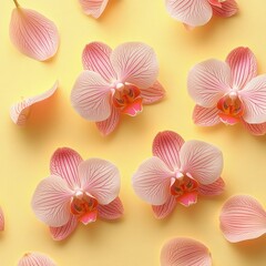 Fototapeta premium Elegant orchid blossom arrangement on pastel yellow backdrop capturing delicate floral beauty and soft light in a seamless pattern