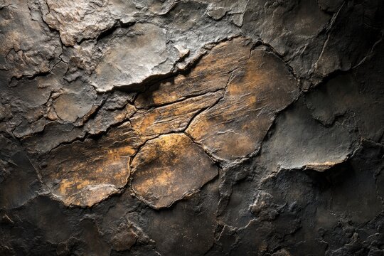 A fossilized tree bark impression on a large rock, with detailed textures highlighted by soft lighting