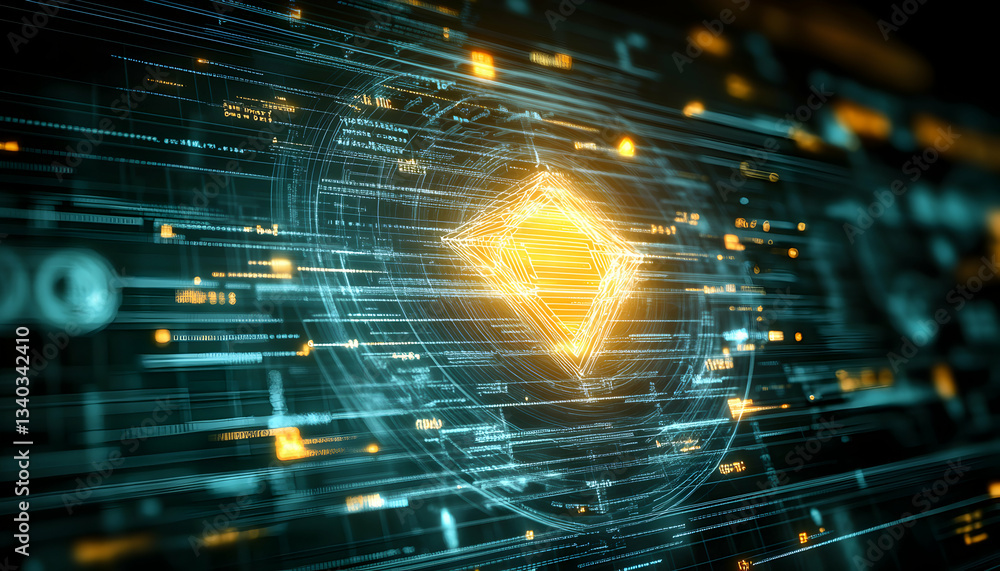 Poster abstract digital data streams and glowing geometric shapes; futuristic technology background, perfec