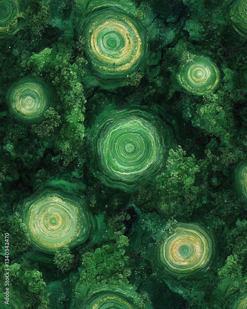 Poster enchanting emerald canopy aerial view of lush forest with concentric circular patterns and golden ac