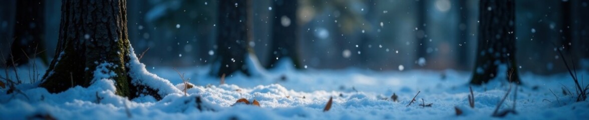 Naklejka premium Delicate flakes of snow gently fall onto a dark and quiet forest floor, forest, leaf, frost