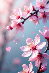 Delicate cherry blossoms in a wavy pattern with intricate heart patterns within the blooms , flower arrangement, botanical
