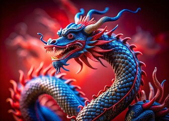 Macro Photography: Red & Blue Oriental Dragon 3D Model on Red Background