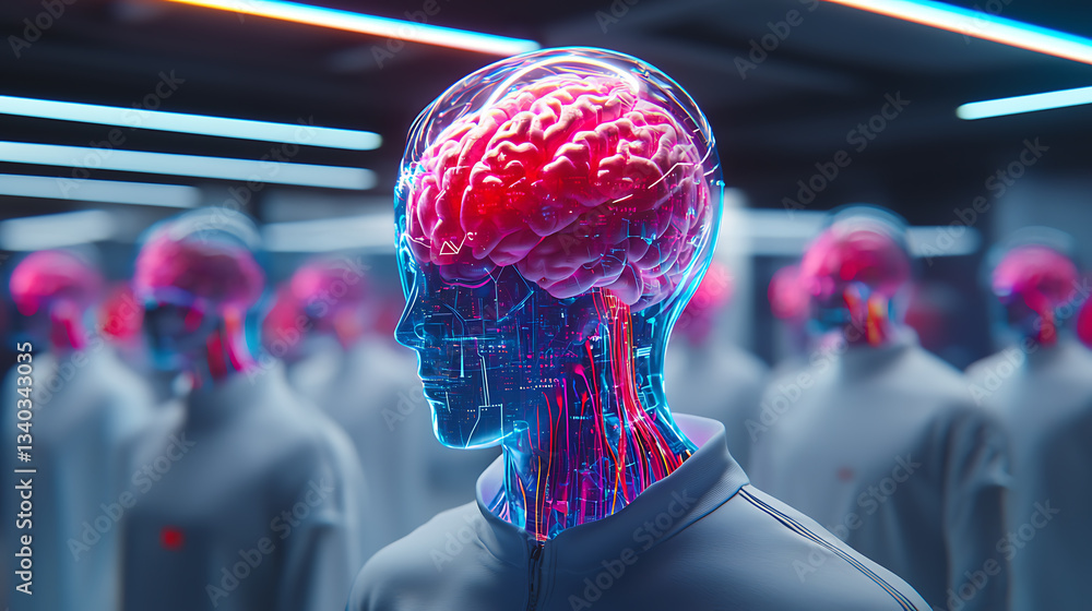 Poster innovative technology event showcasing ai brain models digital lab 3d visualization futuristic envir